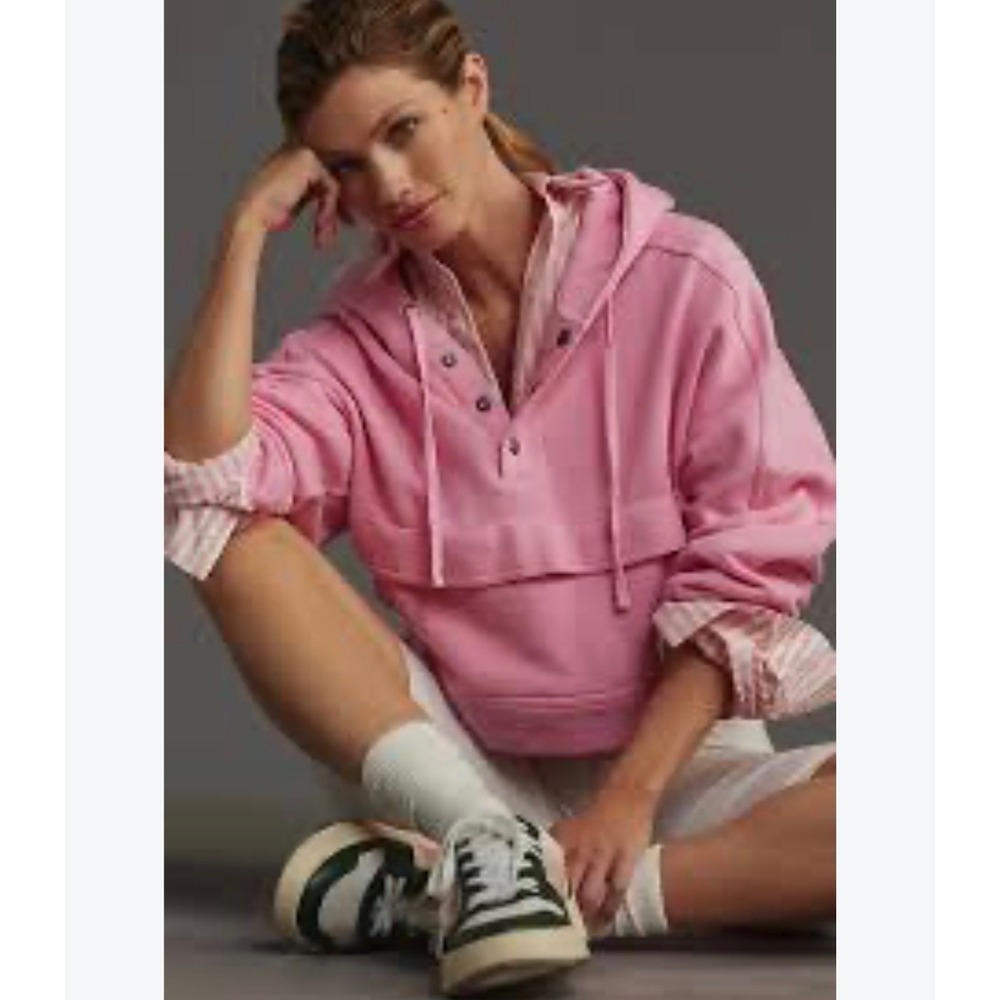 Daily Practice by Anthropologie Pink Snap Henley Cropped Hoodie Sweatshirt XS